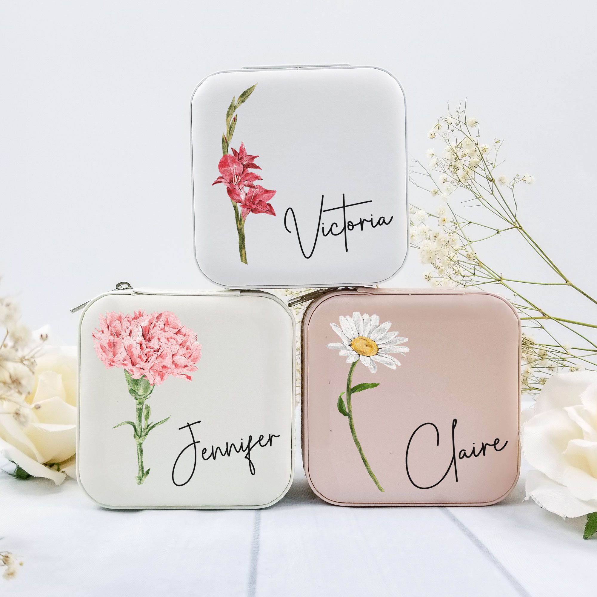 Personalized travel jewelry case with birth flower